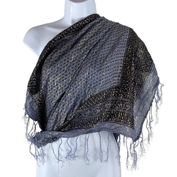 Blue Floral Geometric Design w/ Metallic Gold Square Scarf Bandana Boho Fringe - Picture 2 of 3